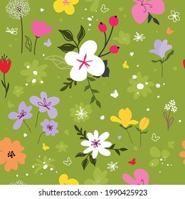 
Garden flower, plants, botanical, seamless vector design for fashion, fabric, wallpaper and all prints on a green background. Cute pattern in a small flower. Small colorful flowers. Hand-drawn. 