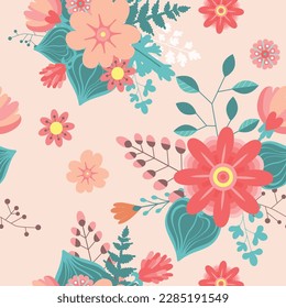 Garden flower, plants, botanical, seamless pattern vector design  for kids, fabric, wallpaper and all prints on pink background color. Cute pattern in small flower. Small spring flowers