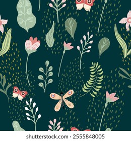 Garden flower, plants ,botanical, seamless pattern vector design for fashion, fabric, wallpaper and all prints on dark background color. 