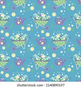 Garden flower pot on a trolley with polka dots for a bouquet of plants, blue flowers, yellow and blue, green leaves, purple watering can. Seamless vector pattern on a blue  background, cartoon style 