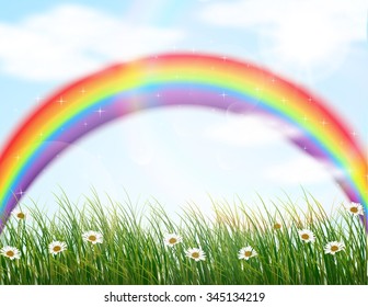 Garden flower with rainbow background. vector