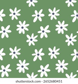 Garden flower seamless pattern vector design for fashion, fabric, wallpaper, prints. Isolated green mint background color. Cute pattern with small flowers. Cartoon botanical plants. White daisies.