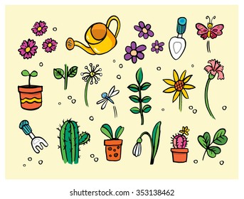 garden flower tool and plants