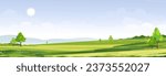 Garden Flower Village Landscape In Spring, Sky Panorama Over Field, Cartoon Illustration With Beautiful Background, Grass Vector In Green Nature Scene, Countryside Banner And Seasonal Outdoor Design