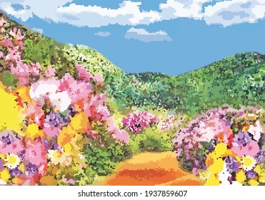 garden with flowering shrubs and a path, sky with clouds. Vector illustration