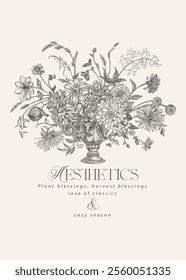 Garden flowerpot with a bouquet of flowers. Floral arrangement with autumn flowers, apples, berries and cereals. Harvest festival. Vector vintage illustration. Black and white.