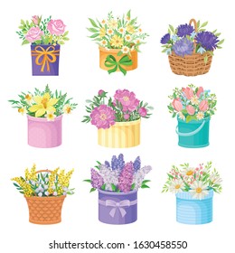 Garden Flowers in Baskets and Carton Boxes Vector Set