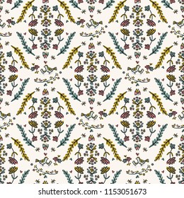Garden Flowers Birds Damask Vector Pattern, Seamless Repeat Background for Seasonal Fashion Prints, Journaling, Wallpaper, Nature Scrapbook , Garden Gifts Wrap, Trendy Vintage Leaf Collection  Colors