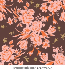 Garden flowers in bloom. Tulip heads silhouettes and trendy flat design. Bright floral seamless pattern. Vintage botanical illustration. Textile and fabric usage, fashion design.