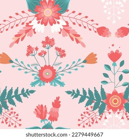Gartenblumen, botanisches, nahtloses Muster, Vektordesign für Mode, Stoff, Kinder, Tapeten und alle Drucke auf rosafarbenem Hintergrund. Geräumiges Muster in kleinen Blumen. Kleine Quelle, bunter Blumen.