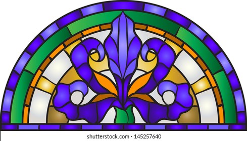 Garden flowers and bouton of Iris, floral vector composition / stained glass window