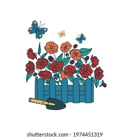 Garden flowers in a box isolated on white background. Vector illustration