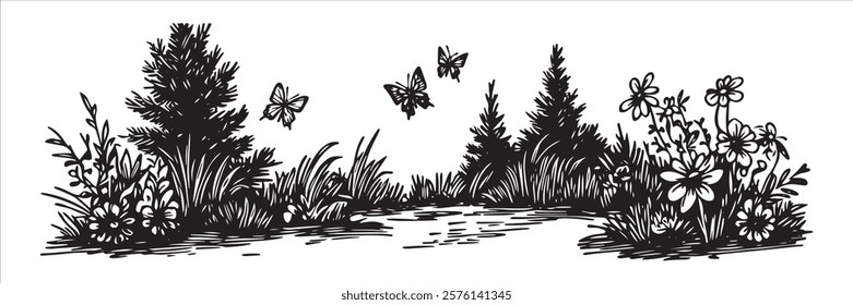 garden with flowers, butterflies, and pine trees in black and white hand-drawn style