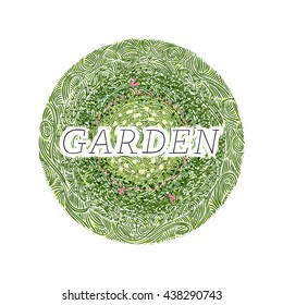 Garden with flowers and butterflies, wavy grass decorated badge, hand-drawn vector illustration.