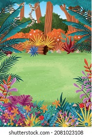 Garden with flowers. Colorful forest with grass and trees. Nature landscape.
