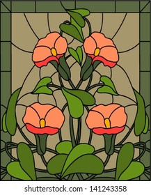 Garden flowers, composition in stained glass, vector