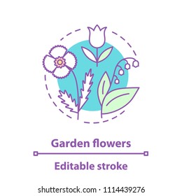 Garden flowers concept icon. Botany idea thin line illustration. Poppy, may lily, tulip. Vector isolated outline drawing. Editable stroke