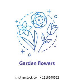 Garden flowers concept icon. Botany idea thin line illustration. Roses, daffodil. Vector isolated outline drawing