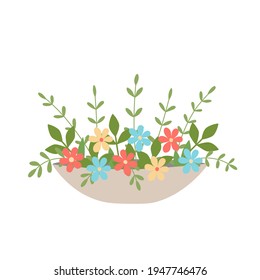 Garden flowers in creative flower beds. Bouquet isolated on white, cute vector illustration