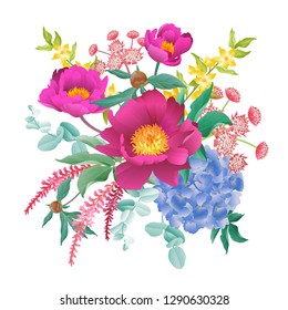 Garden flowers decoration. Bouquet peonies, hydrangeas, eucalyptus branches, foliage, herbs on white background. Floral pattern. Card design, fashion industry. Vector illustration. Vintage. Victorian.