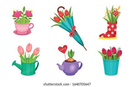 Garden Flowers in Different Containers and Fancy Pots Vector Set
