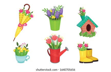 Garden Flowers in Different Containers and Fancy Pots Vector Set