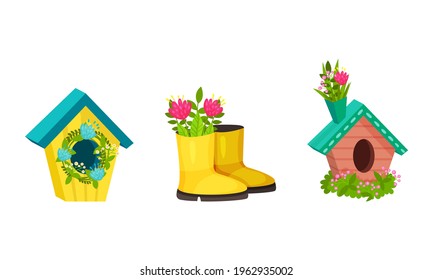 Garden Flowers in Different Containers and Fancy Pots Vector Set