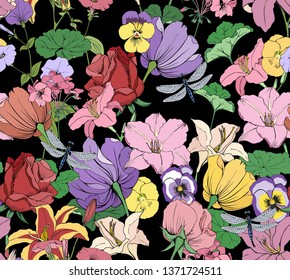 Garden flowers and dragonfly seamless pattern black background. Roses, lilies, Petunia , pelargonium in green vector drawing .
