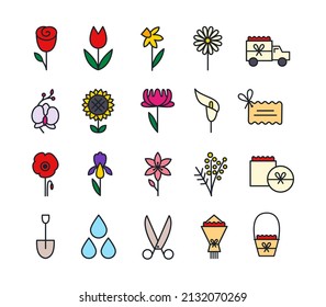 Garden flowers and field flowers icon set. Isolated vector icons. Home gardening, flowers shop and flowers delivery