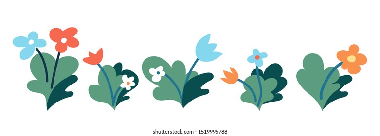 Garden flowers flat vector illustrations set. Red, blue and orange blooming tulips on steams isolated cliparts pack. Daisy blossoms with leaves. Little white wildflowers design elements collection