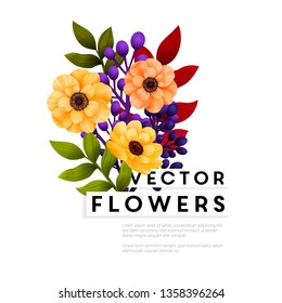 Garden flowers. Floral card, bouquet with yellow Anemones and colored leaves. Forest bouquet print. Floral template with place for text.. Vector illustration.