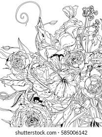 garden flowers, floral pattern, peonies blossom, leaves. Vector. Hand drawn artwork. Bohemia concept for wedding invitation, wallpaper, card. Coloring book page for adults. Black and white in vector.