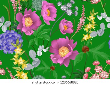 Garden flowers. Floral seamless pattern. Peonies, hydrangeas, Eucalyptus branches, foliage and herbs. Vector illustration for fashion industry,  paper, wallpaper. Victorian style. Vintage background.