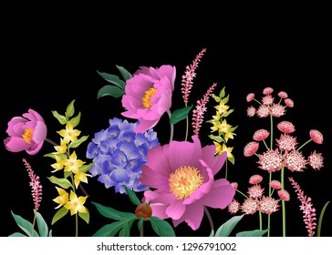 Garden flowers. Floral seamless pattern border. Peonies, hydrangeas, branches, foliage, herbs. Vector illustration for fashion industry,  paper, wallpaper. Victorian Vintage background.
