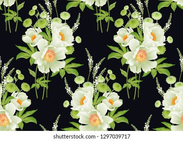Garden flowers. Floral seamless pattern. Peonies, asters, branches, foliage, herbs on black background. Vector illustration for fashion industry, paper, wallpaper, textiles. Victorian style. Vintage.