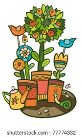 garden with flowers and fruit trees, birds and snails