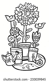 Garden with flowers and fruit trees. Contour black and white drawing.