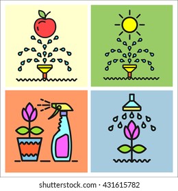Garden, flowers and fruit, watering, spraying, garden maintenance, vector icons, icons.