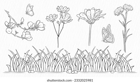 Garden with flowers, grass and butterfly line drawing clipart 
