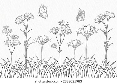 Garden with flowers, grass and butterfly line drawing clipart 
