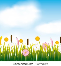 garden flowers and grass field vector illustration design