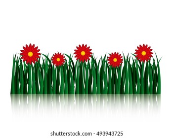 garden flowers and grass field vector illustration design