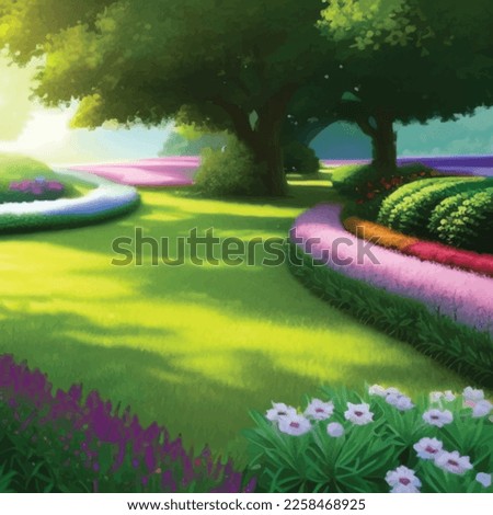 Garden with flowers in green foliage setup illustration of fairy land outdoor park having floral natural forest with treen in summer sunlight