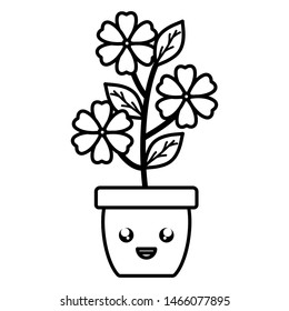 garden flowers and leafs in pot kawaii character