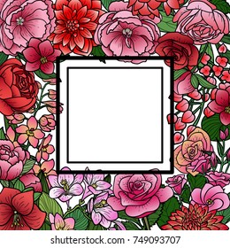 Garden flowers and leaves frame mock up. Floral romantic colorful template for covers, greeting cards, postcards and invitations on white background with text place.