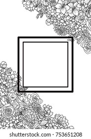 Garden flowers and leaves frame mock up. Floral romantic black and white template for covers, greeting cards, postcards and invitations, coloring pages with text place.