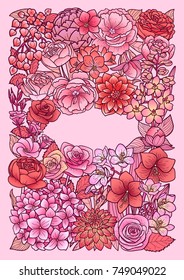 Garden flowers and leaves mock up. Floral romantic colorful template for covers, greeting cards, postcards and invitations on pink background with text place.