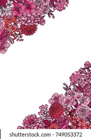 Garden flowers and leaves mock up. Floral romantic colorful template for covers, greeting cards, postcards and invitations on white background with text place.