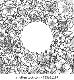 Garden flowers and leaves round frame mock up. Floral romantic black and white template for covers, greeting cards, postcards and invitations, coloring pages with text place.