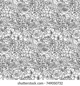 Garden flowers and leaves seamless pattern. Floral romantic black and white wallpaper for colcoring books, textile prints and wrapping.